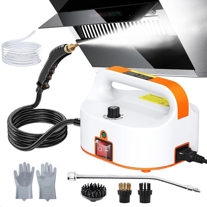 Aparat de curatat cu abur, ORBER, incalzire 15s, 6 setari de reglaj al aburului, include 4 accesorii, 1500W, 4.5 BAR, precipitatii incalzite la 360°, manusi de curatare incluse, alb/portocaliu