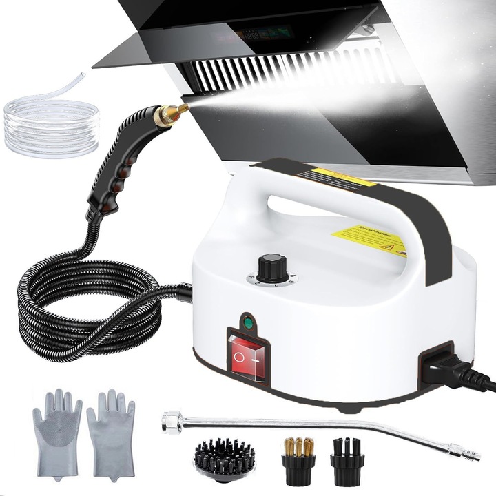 Aparat de curatat cu abur, ORBER, incalzire 15s, 6 setari de reglaj al aburului, include 4 accesorii, 1500W, 4.5 BAR, precipitatii incalzite la 360°, manusi de curatare incluse, alb/nergu