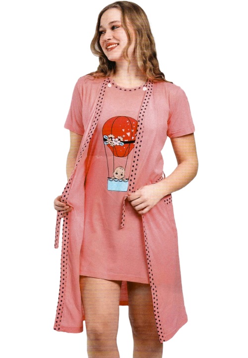 Pijama Gravide 100% Bumbac, 2 piese, Roz inchis