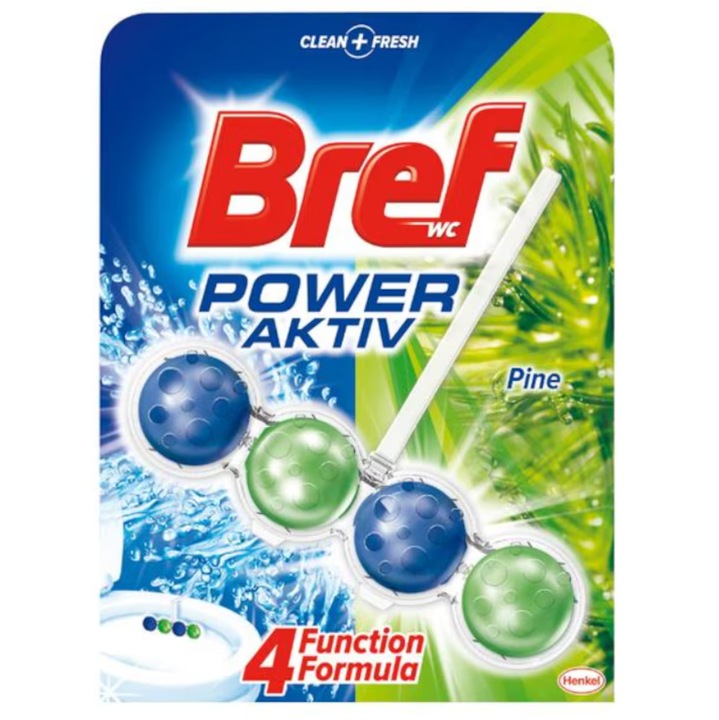 Bref Power Aktiv Pine, Odorizant WC 50g, 4 Functii Curatare si Igienizare, Spuma Activa, Protectie Anticalcar, Parfum Proaspat de Brad, Pastreaza Igiena si Prospetimea Toaletei, Usor de Utilizat, Uz Zilnic