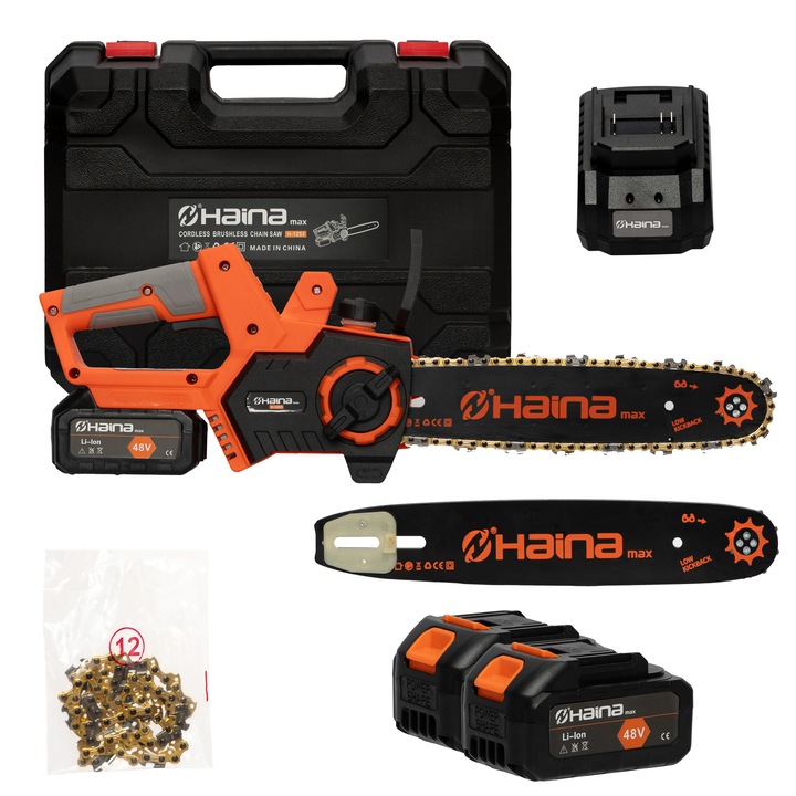 Drujba cu acumulator, Haina H-1253, 2 baterii 48 V Li-ion, 4 AH, 3200 RPM, lungime sina 30 cm