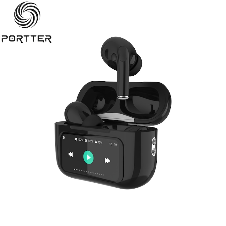 Безжични слушалки Portter® A9 PRO, Bluetooth 5.3, Време за възпроизвеждане - до 5 часа, Време за работа в калъфа 40 часа, ANC шумопотискане, HD микрофон, LED дисплей, Сензорно управление, Магнитен калъф, Универсална съвместимост, Черен