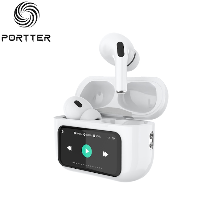 Безжични слушалки Portter® A9 PRO, Bluetooth 5.3, Време за възпроизвеждане - до 5 часа, Време за работа в калъфа 40 часа, ANC шумопотискане, HD микрофон, LED дисплей, Сензорно управление, Магнитен калъф, Универсална съвместимост, Бял