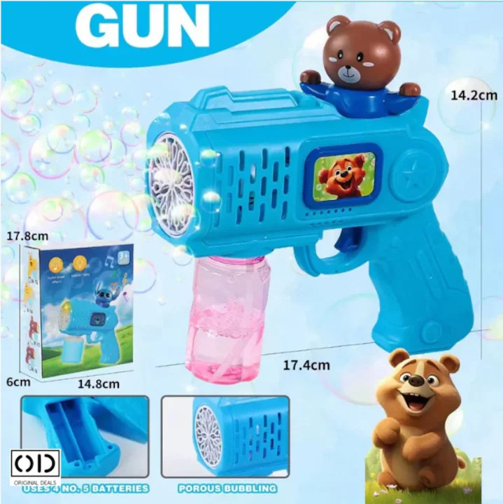 Pistol Electric pentru Baloane de Sapun cu Rezervor de Solutie, Culoare Albastru Model cu Urs Maro, cu 16 Orificii de Facut Baloane, Premium, Alimentare cu 4 Baterii Tip AA (neincluse), ORIGINAL DEALS