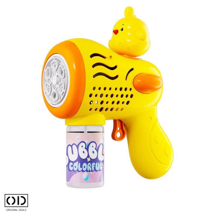 Pistol Electric pentru Baloane de Sapun cu Rezervor de Solutie, Culoare Galben Model Rata, cu 6 Orificii de Facut Baloane, Premium, Alimentare cu 4 Baterii Tip AA (neincluse), ORIGINAL DEALS