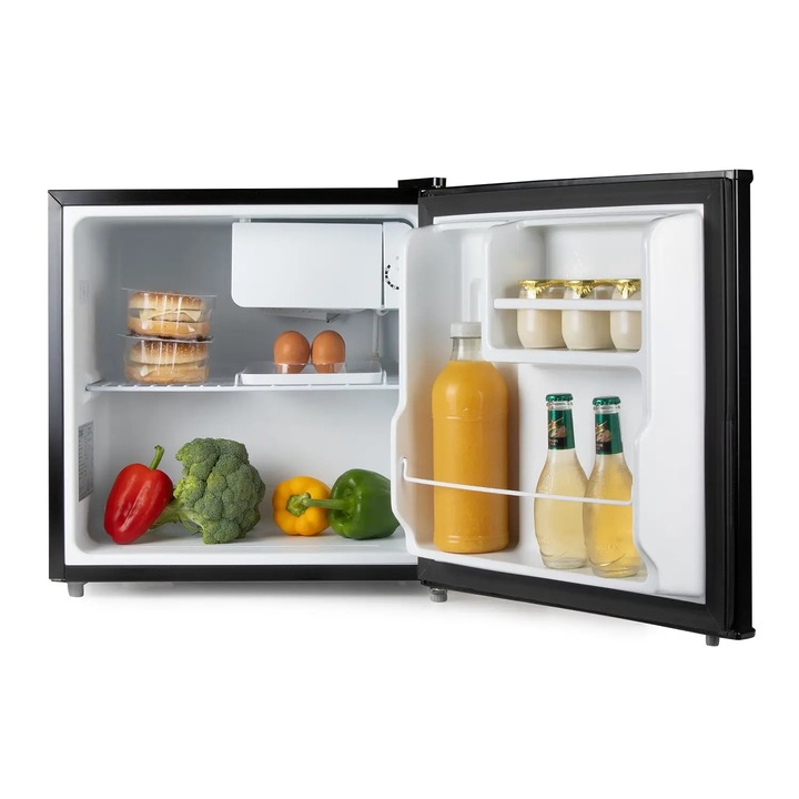 Frigider minibar DOMO, H 49 cm, capacitate 43 litri, congelator integrat, ideal pentru bucatarii mici/hotel/birou/rulota, consum redus, 1 raft otel, 2 compartimente pe usa, control temperatura, negru