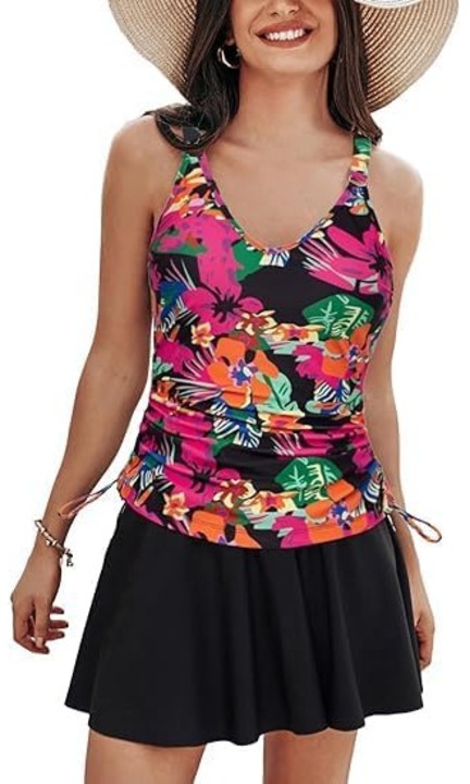 Costum de baie femei dintr-o bucata, cu fusta, negru/multicolor S
