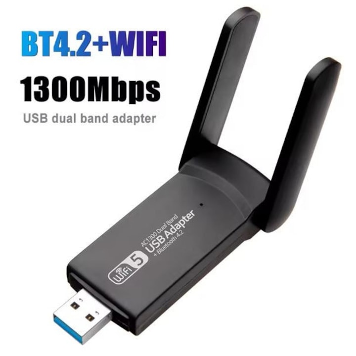 Adaptor Wireless AC1300 cu Bluetooth 5.0, USB 3.0, Dual Band 2.4GHz/5GHz, Antena Externa – 2 in 1 WiFi + BT