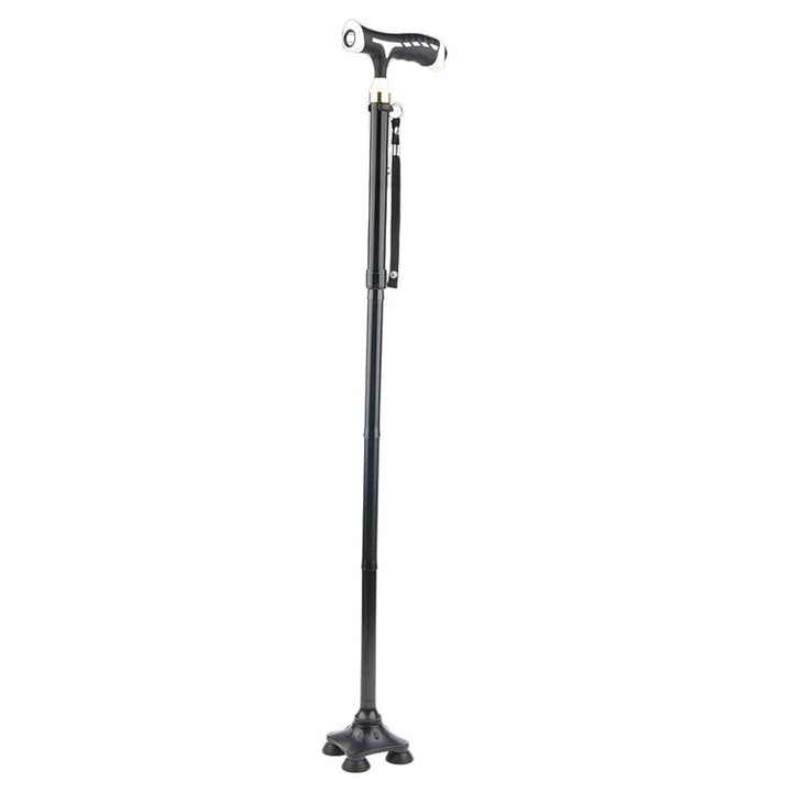 Baston pliabil cu 4 puncte de sprijin, reglabil pe inaltime, maner ergonomic, suport anti-alunecare, baston telescopic pentru seniori si persoane cu mobilitate redusa, Negru