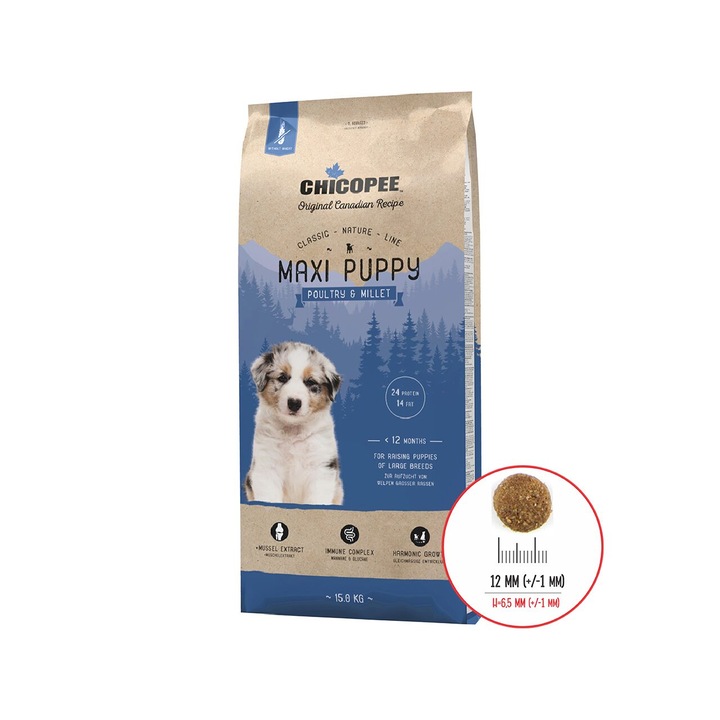 Hrana uscata pentru caini Super Premium, Chicopee CNL Maxi Puppy, Poultry-Millet, 15 Kg