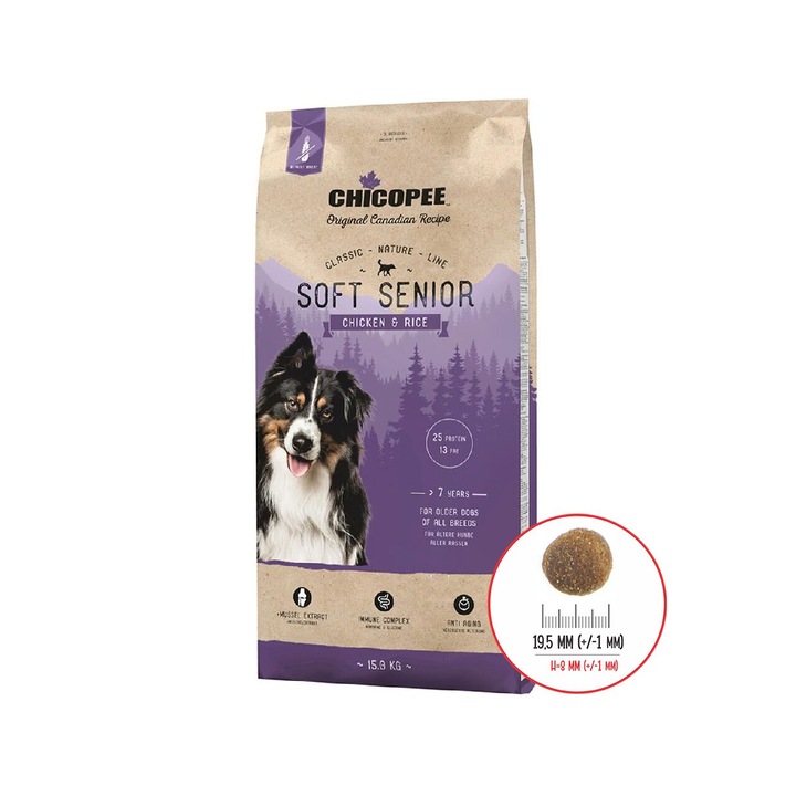 Hrana uscata pentru caini Super Premium, Chicopee Classiv Nature, Line Soft Senior, Chicken-Rice, 15 Kg