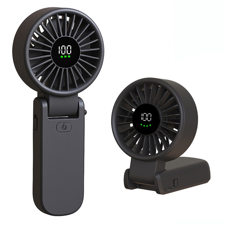 Ventilator Portabil Danex B52 cu Baterie, Display Digital, 5400RPM, Silicon Flex, Deep Dark