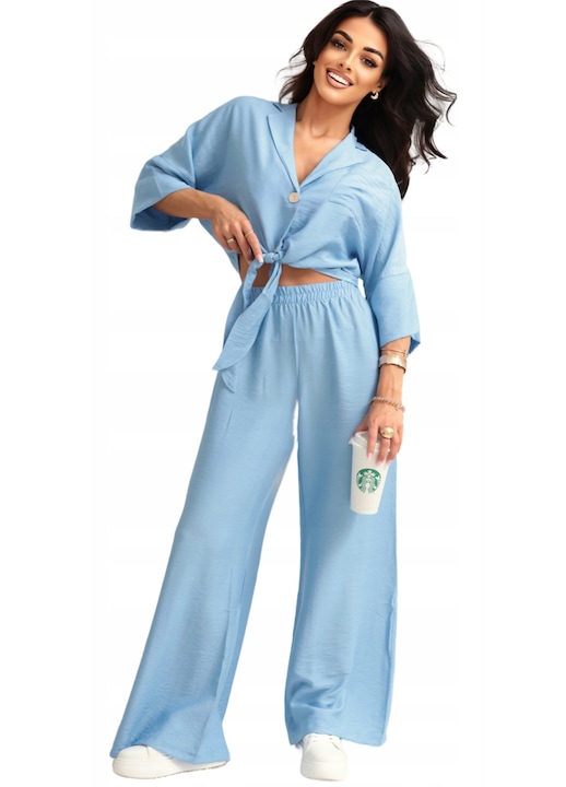 Compleu de dama Oh Bella, camasa lejera oversize, pantaloni cu picior larg, albastru, tesatura usoara