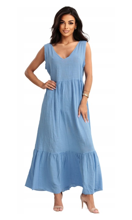 Rochie de vara, Och Bella, Maxi, Bumbac, Albastru, Albastru deschis