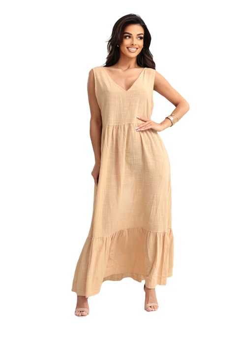 Rochie de vara, Oh Bella, Decolteu in V, Bej, Bumbac, M INTL