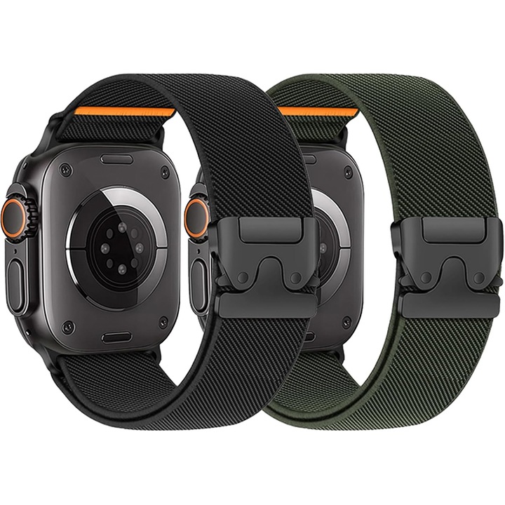 2 darabos Apple Watch szíj szett, Rqiurpn, 2 darab, nejlon anyagból, állítható, fekete/zöld, 42x49mm
