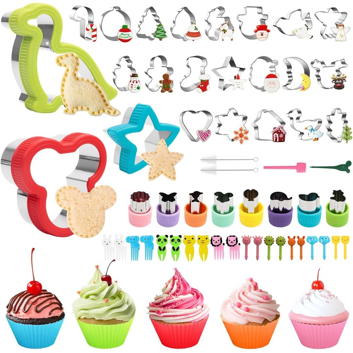 Set 60 Forme de Taiat din Inox pentru Sandvisuri, Biscuiti, Fructe si Legume – Cu Furculite Decorative, Cutite pentru Sandwich, Forme de Briose, Perii de Curatare – Pentru Gatit Creativ cu Copiii