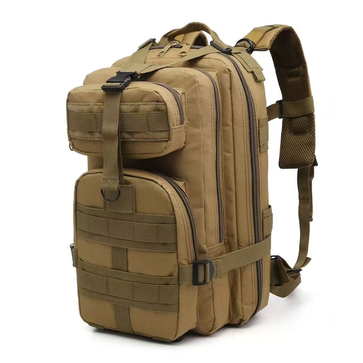 Rucsac tactic militar 30L, 24x43x20cm, kaki, nylon Oxford 600D, 5 compartimente, bretele ajustabile