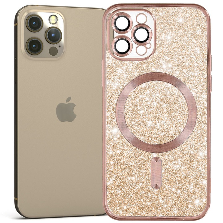 Husa tip MagSafe pentru Apple iPhone 12 Pro, Glitter MagCase, Sclipici integrat, Protectie lentile camere, Rama electroplacata, Accente metalizate, Margini ridicate, Incarcare wireless, Magnetica, Roz deschis