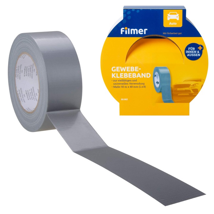 Banda adeziva gri Filmer cu fibre si cauciuc sintetic pentru etansare si reparatii diverse interior - exterior, rezistenta la apa, 48mm x 50m