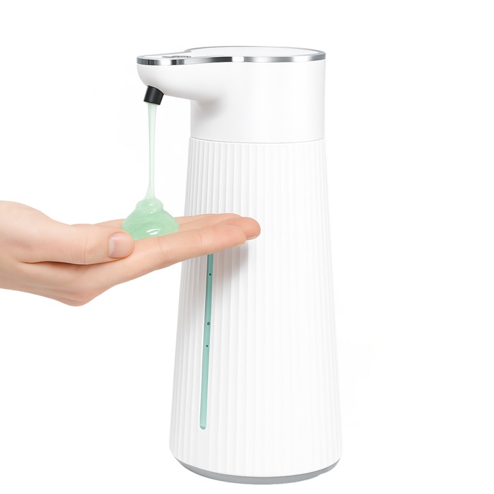 Automatikus habszappan adagoló mozgásérzékelővel, fehér, ideális fürdőszobába vagy okoskonyhába, USB-C újratölthető, 400ml, modern dizájn, 2 adagolási szint, vízálló