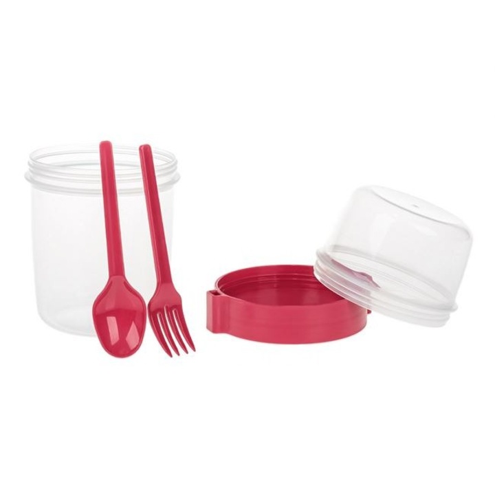 Caserola dubla din plastic take-away cu furculita si lingura rosie – 1.1L – Recipient ermetic pentru pranzuri, gustari si meal-prep, ideal pentru birou, scoala si excursii