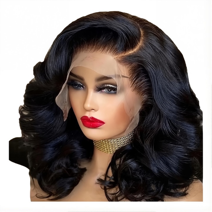 Peruca Bob scurt cu dantela frontala, ondulatie naturala, ajustabila, rezistenta la caldura, 21-24 inch, neagra