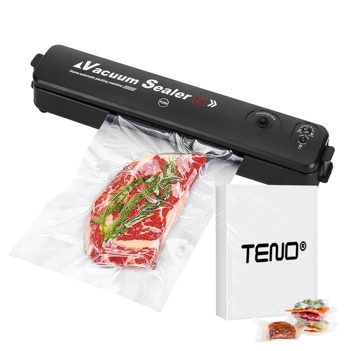 Машина за запечатване и изпразване Teno®, комплект от 100 релефни вакуумни торбички 30 cm x 20 cm за подаръци, храна и предмети, мокър/сух/мек вакуум, 90 W, 220 V, преносима, черна