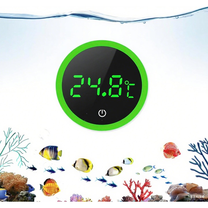 Digitális Akvárium Hőmérő, Omelivon® AQ-DTHM-GRN, LED Érintőképernyős Kijelző, Nagy Pontosságú Érzékelő, Érintéssel Aktiválható, Mini Ragasztható, Páratartalom- és Korrózióálló, Édesvízi és Tengeri Akváriumokhoz, 4.5x4.5x1.1 cm, Zöld