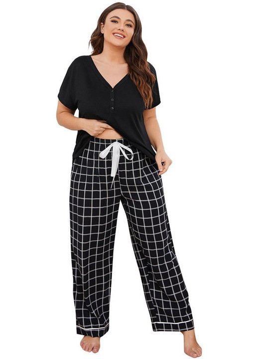 Női pizsama szett 2 részes, Blúz és hosszú nadrág szett, poliészter/Fekete/nagyméretű 3XL INTL
