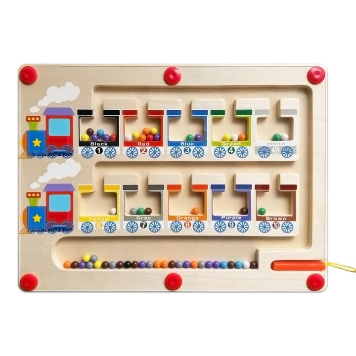 Joc Educativ Montessori, Labirint Magnetic, forma de tren, Invatare Numere si Culori, Multicolor, Lemn, 3-7 ani