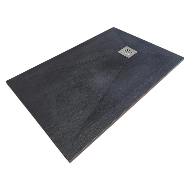Cadita Dus Rectangulara HouseXL StoneCore Premium 140x80 cm, Compozit Granit, Sifon Metalic Inclus, Negru