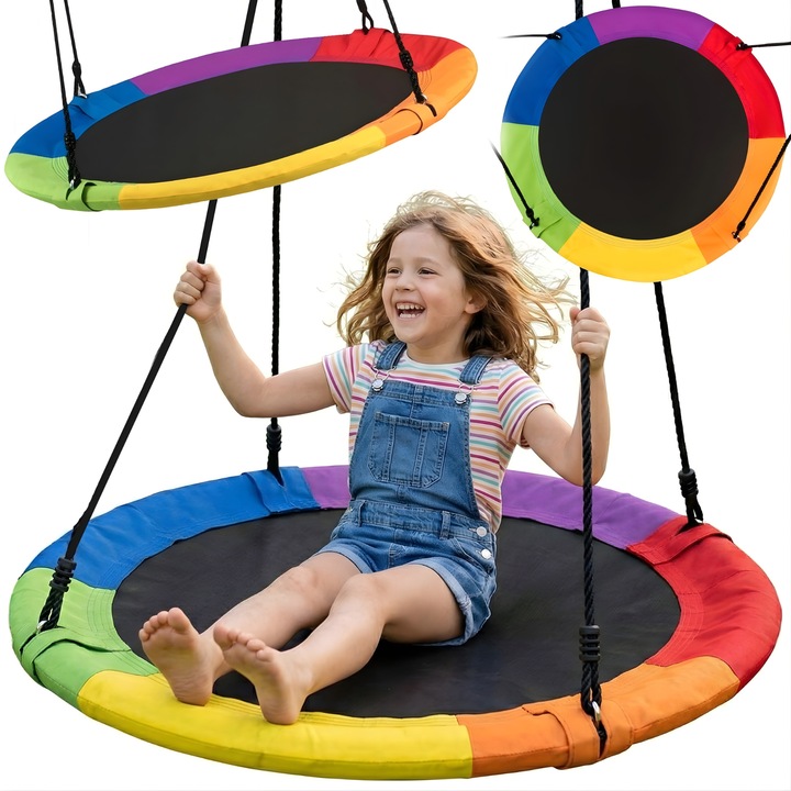 Leagan Copii si Adulti Circular de Exterior XXL LEWER®, Stork Nest, Oxford 600D/Nylon, Reglabil, Leagan Copii Rezistent, Rezistent la Apa, Prindere in 2 Puncte, Functie Anti Rasucire 100 cm, Diverse Culori - Multicolor