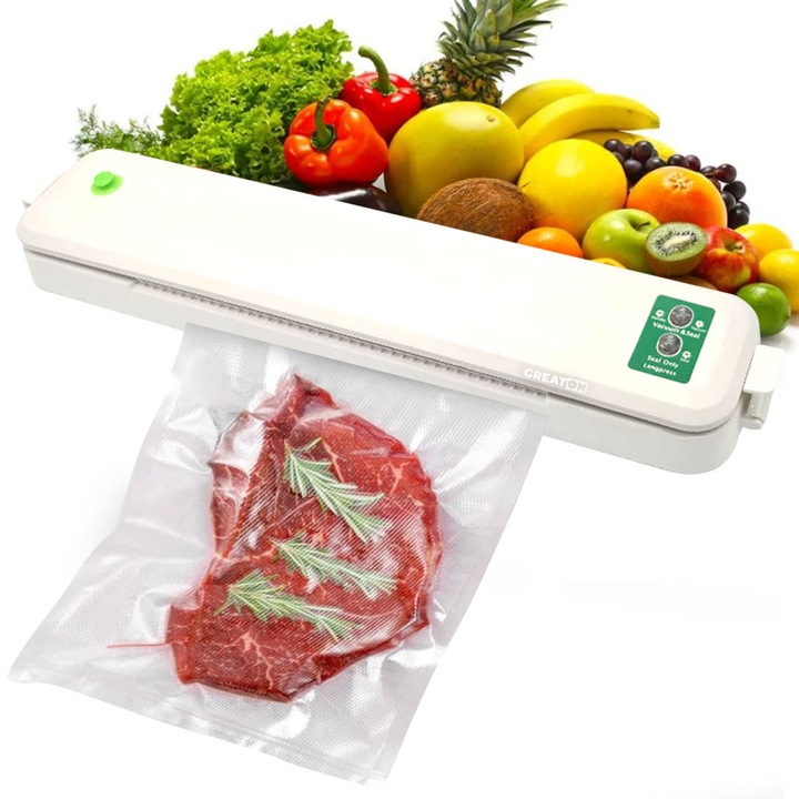 Aparat GREATON pentru Sigilat si Vidat Pungi, 37 cm, 5 Pungi Incluse, Alb, Sigilare si Vidare Alimente, Pastrare Prospetime, Usor de Utilizat, Cablu Alimentare, Culoare Alba