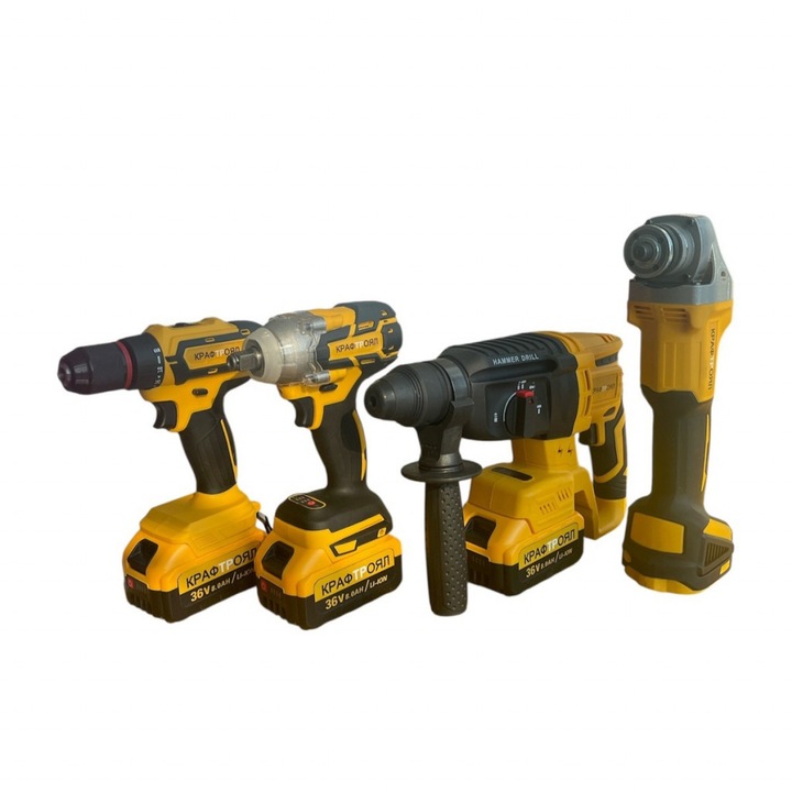 Професионален комплект машини KraftRoyal, 4 в 1, 3 батерии, Перфоратор, 36 V, Ъглошлайф, Диск: 125 милиметра, Гайковерт, 2800 оборота в минута, Електрическа отвертка, 95 Nm, Размер: Стандартен, Цвят: Жълт
