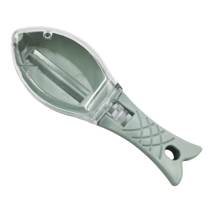 Perie pentru curatat solzi peste, cu capac colector si maner ergonomic, design tip peste, razuitorilor manual din plastic dur, Verde