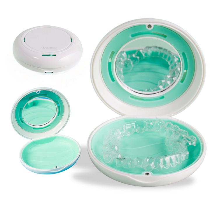 Profesional cutie pentru depozitare aparate dentare ZENT, cu oglinda, ventilare ajustabila, inlay removable silicone, inchidere magnetica, 8x2,8cm, Alb