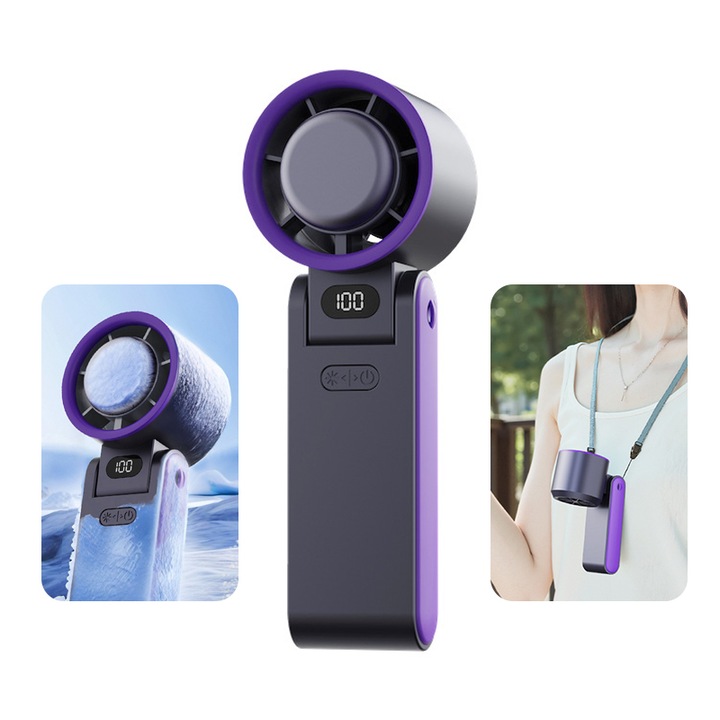 Ventilator portabil de mana, Mini Fan Turbo de Mana, Disc de Refrigerare,5 Trepte de Viteza, Reincarcare USB, Pliabil 180°, Incarcare Rapida, cu Cablu USB Tip C Inclus, pentru Calatorii, Birou, Vara, Violet