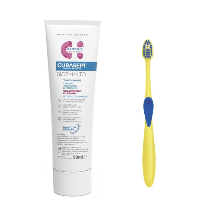 Set Curasept, contine 1 Pasta de dinti fara fluor si 1 Periuta de dinti 3-6 ani Curasept Biosmalto