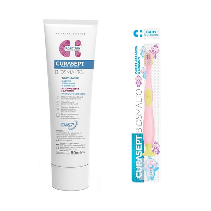 Set Curasept, contine 1 Pasta de dinti fara fluor si 1 Periuta de dinti 0-3 ani Curasept Biosmalto