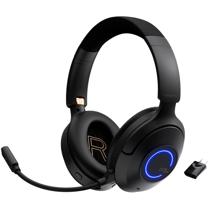 Casti gaming fara fir CREATIVE ZEN HYBRID PRO CLASSIC, Microfon detasabil, Bluetooth 5.3, LE Audio, Hybrid ANC, RGB Led, USB-C