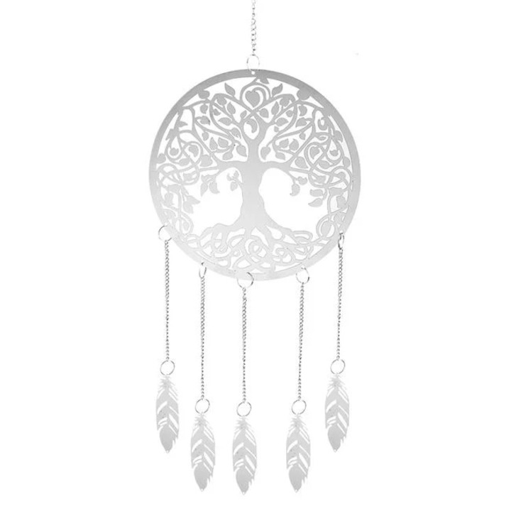 Clopotei de Vant, Pomul Vietii Metalic cu 5 Pene, Argintiu, 18x65cm