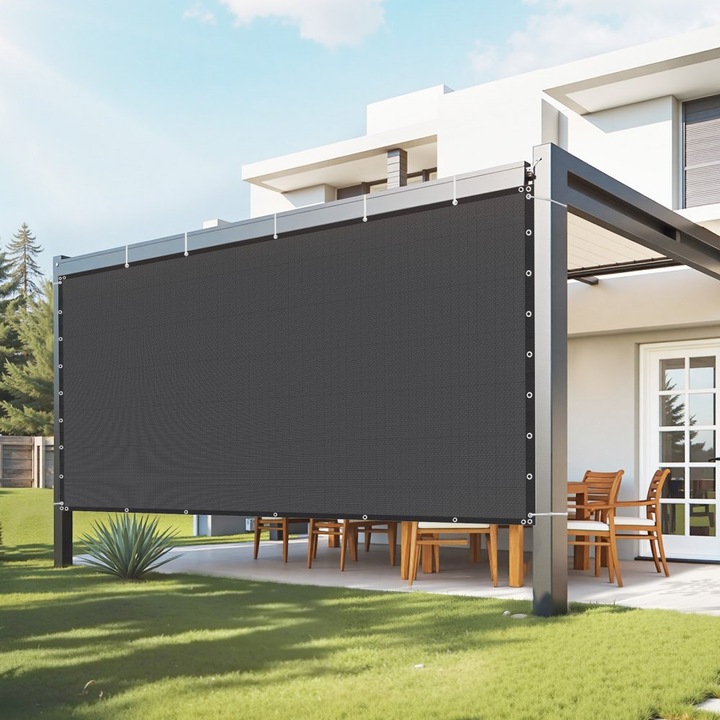 Ecran Intimitate Panza, Protectie Solara 90%, 2.4 x 3.6 m, Pentru Terasa si Gradina, Culoare Negru