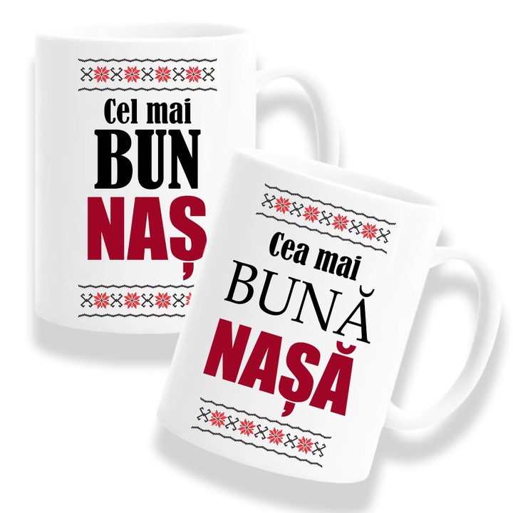 Set 2 Cani Personalizate pentru Nasi cu mesaj:"Cea mai buna nasa, Cel mai bun nas", Motive traditionale, Betaprint, 330ml, ceramica