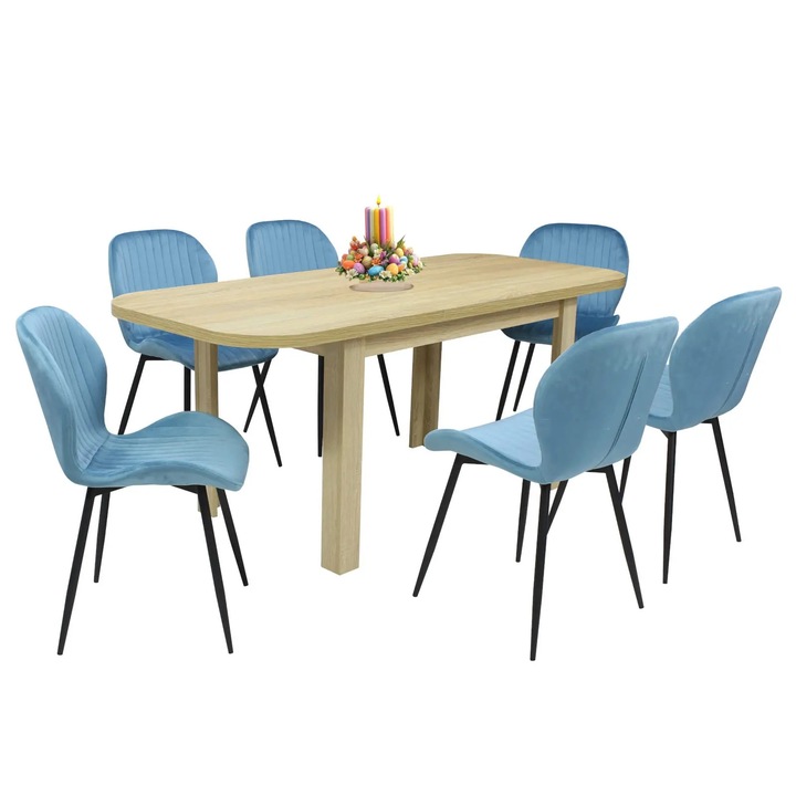 Set masa extensibila Roma Stejar cu 6 scaune Opal Blue, picioare negre, tapiterie din material textil, dreptunghiulara, blat din PAL laminat, 140x80x75 cm