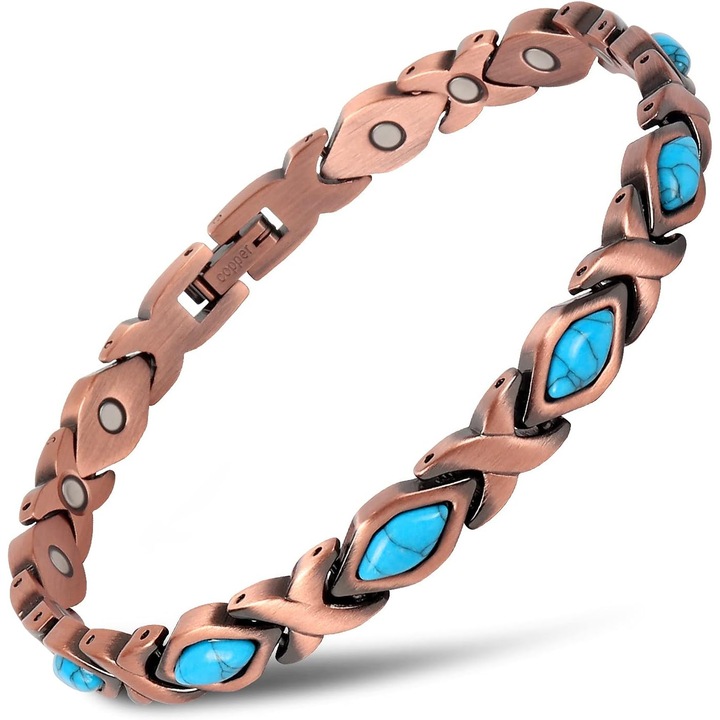 Bratara din cupru pur, magnetica, 3800 Gauss, cu turcoaz si pietre naturale, reglabila, set cadou