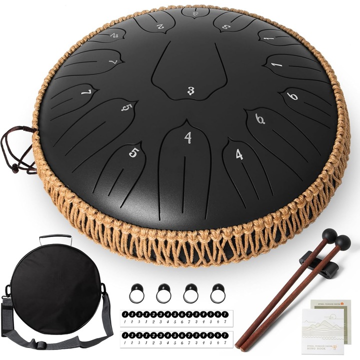 Toba de limba, WALALLA, 13 inch, 15 tonuri, D major, instrument de percutie pentru meditatie, yoga, sunet, cu carte de muzica, bete de tobe, geanta de transport, negru