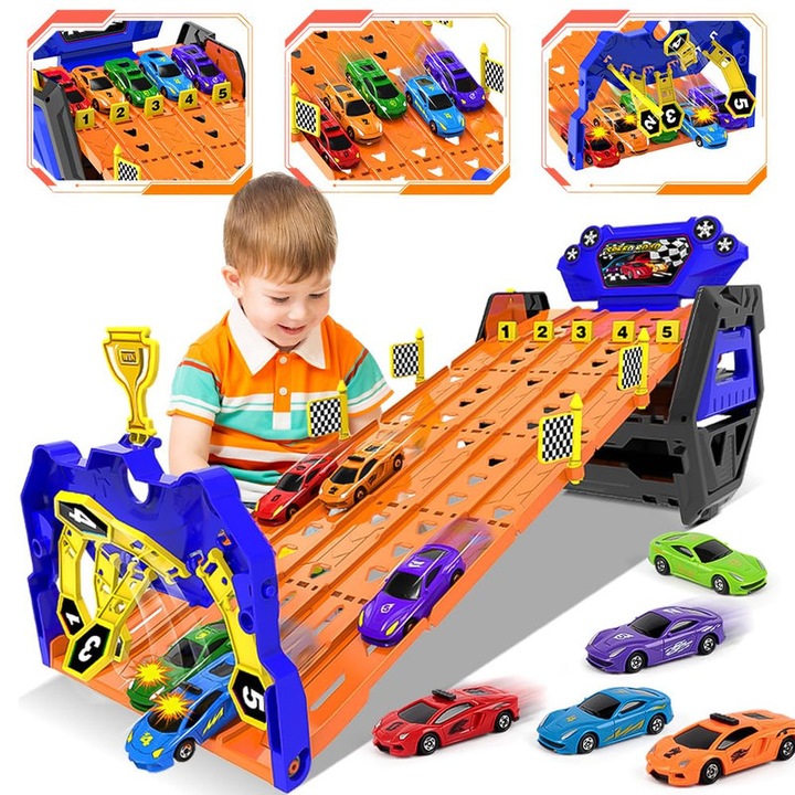 Set de masinute VATOS cu camion transportor, 5 masini de curse, multicolor, pentru copii 3-7 ani