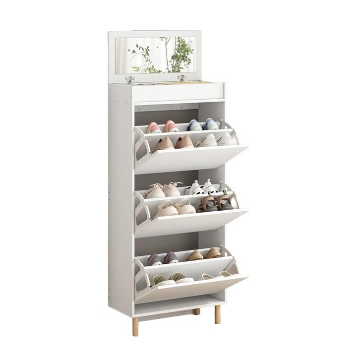 Dulap de pantofi alb de stocare cu oglinda loft in picioare biblioteca hol 55cm BADU