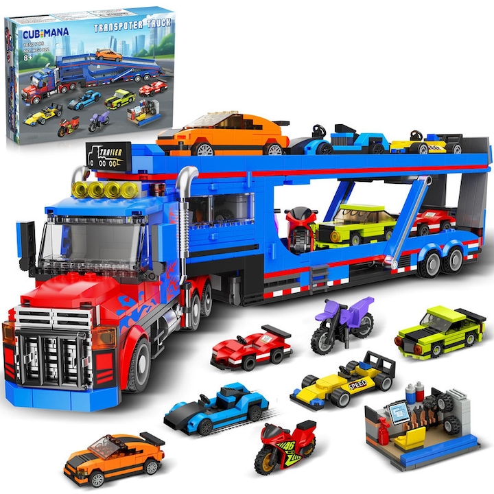 Set de constructie camion de transport cu 7 masini, CUBIMANA, rampa de incarcare ajustabila, 1050 piese, multicolor